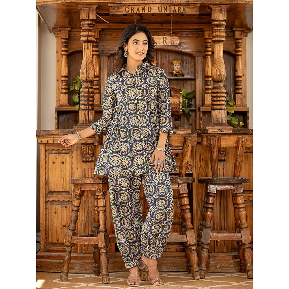 Yufta Ethnic Motifs Print Navy Blue Cotton Co-Ord (Set of 2)