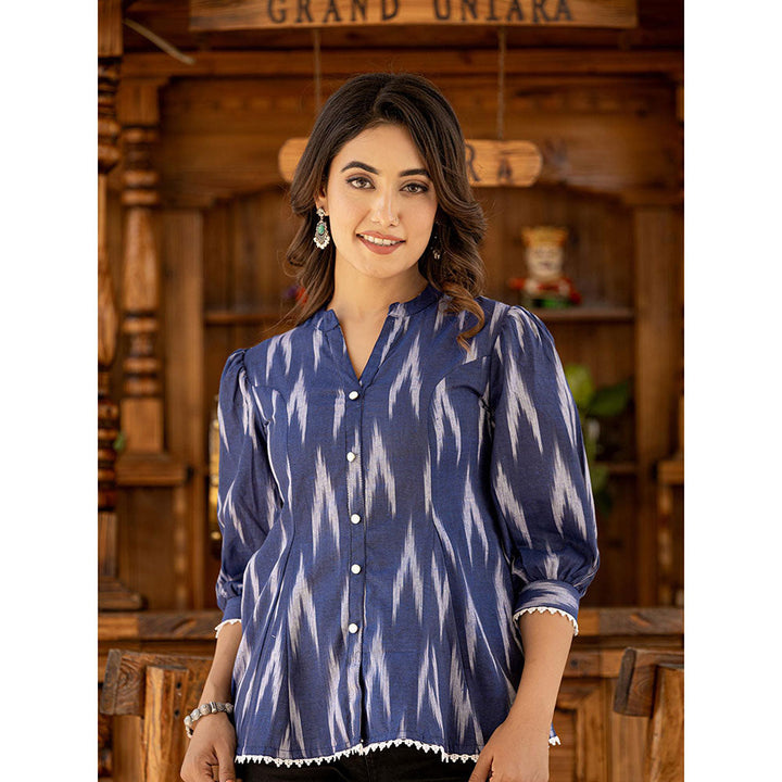 Yufta Cotton Blue Ikat Print Puffed Sleeve Tops