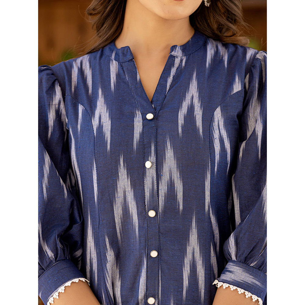 Yufta Cotton Blue Ikat Print Puffed Sleeve Tops