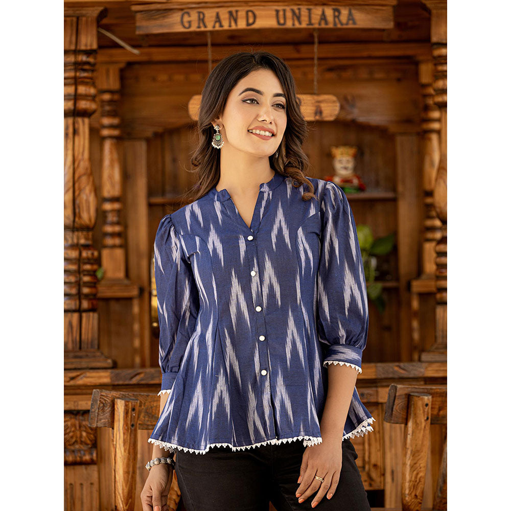 Yufta Cotton Blue Ikat Print Puffed Sleeve Tops