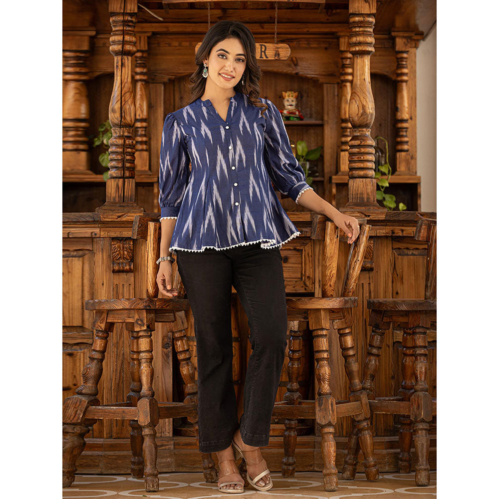 Yufta Cotton Blue Ikat Print Puffed Sleeve Tops