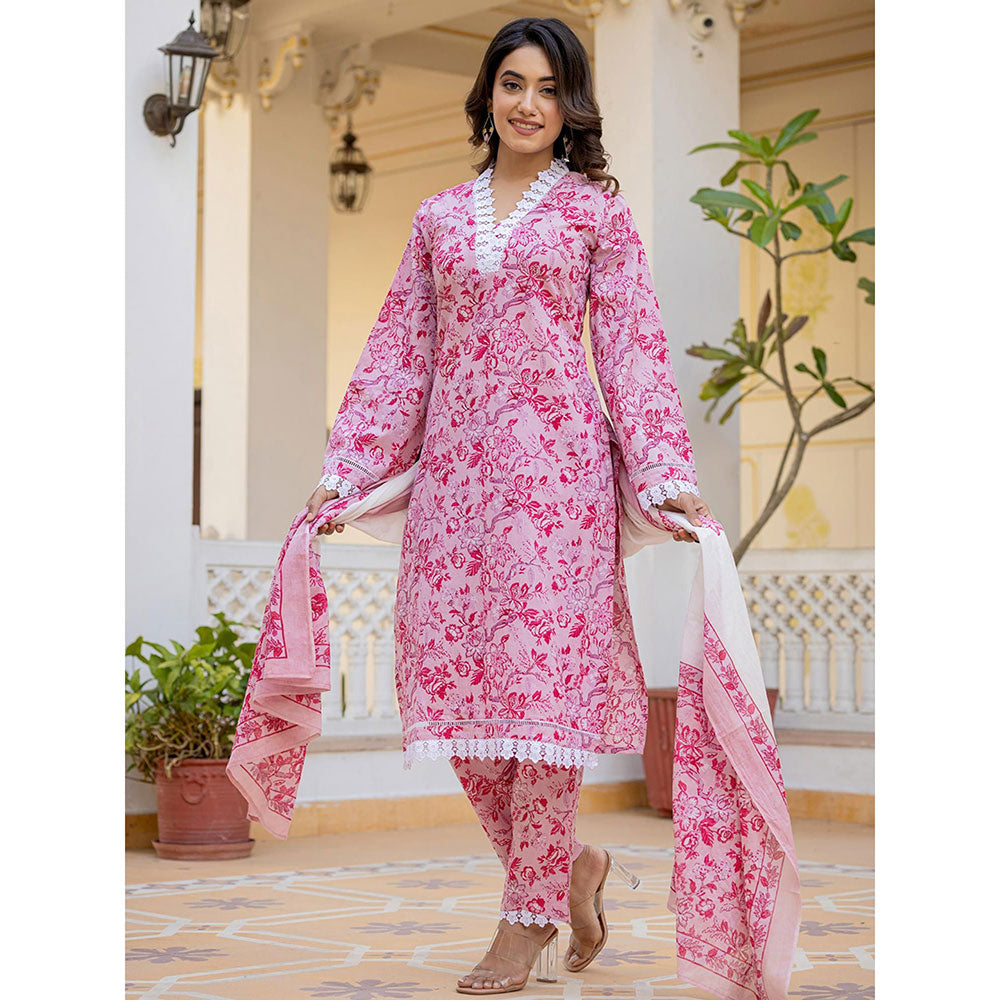 Yufta Pink Floral Print Pakistani Style Kurta Trouser & Dupatta (Set of 3)