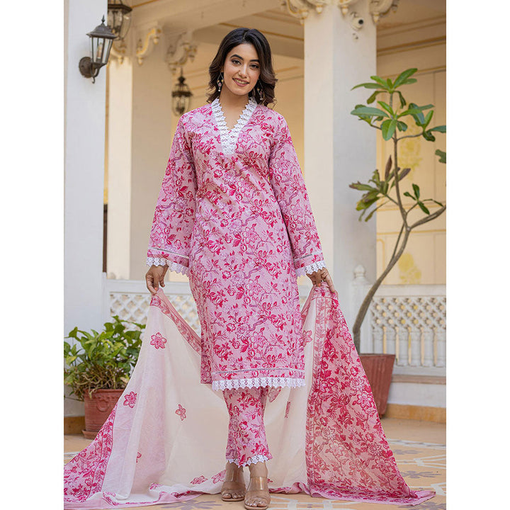 Yufta Pink Floral Print Pakistani Style Kurta Trouser & Dupatta (Set of 3)