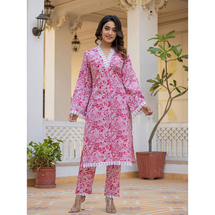 Yufta Pink Floral Print Pakistani Style Kurta Trouser & Dupatta (Set of 3)