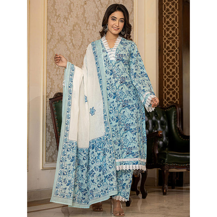 Yufta Light Blue Floral Print Straight Pakistani Style Kurta Trouser & Dupatta (Set of 3)