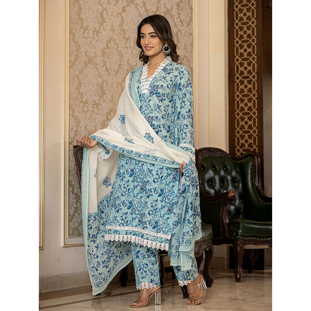 Yufta Light Blue Floral Print Straight Pakistani Style Kurta Trouser & Dupatta (Set of 3)