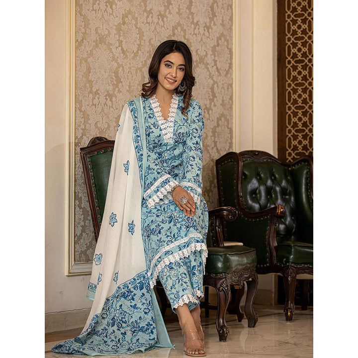 Yufta Light Blue Floral Print Straight Pakistani Style Kurta Trouser & Dupatta (Set of 3)