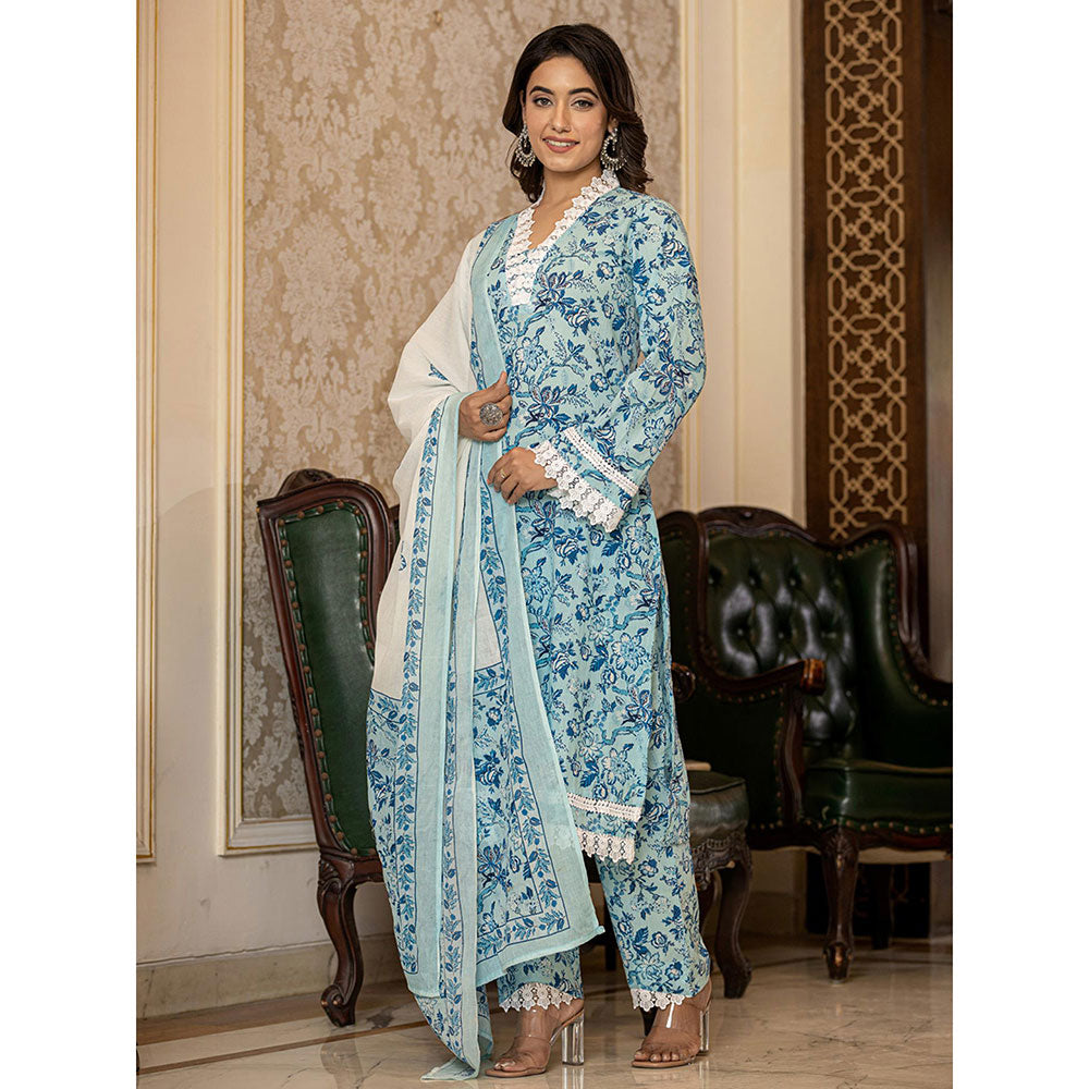 Yufta Light Blue Floral Print Straight Pakistani Style Kurta Trouser & Dupatta (Set of 3)