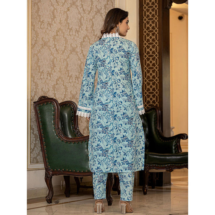 Yufta Light Blue Floral Print Straight Pakistani Style Kurta Trouser & Dupatta (Set of 3)