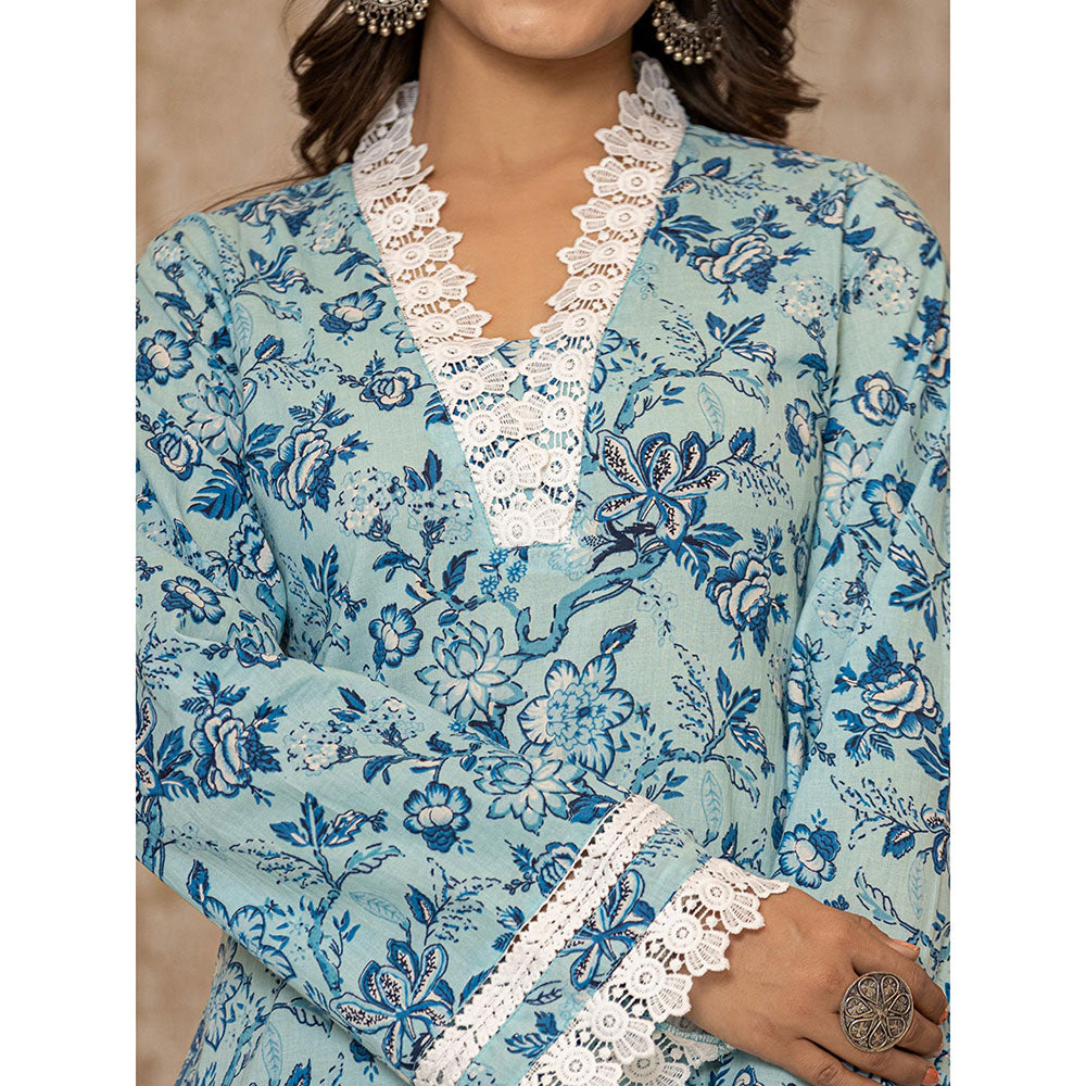 Yufta Light Blue Floral Print Straight Pakistani Style Kurta Trouser & Dupatta (Set of 3)