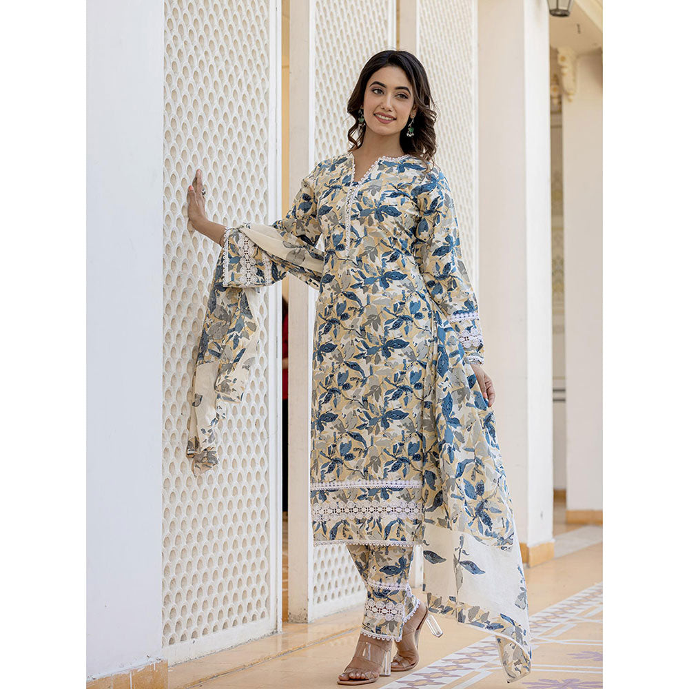 Yufta Beige Leaf Print Straight Pakistani Style Kurta Trouser & Dupatta (Set of 3)