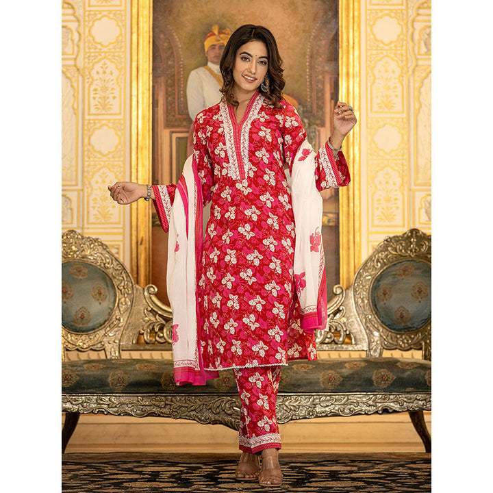 Yufta Pink Floral Print Straight Pakistani Style Kurta Trouser & Dupatta (Set of 3)