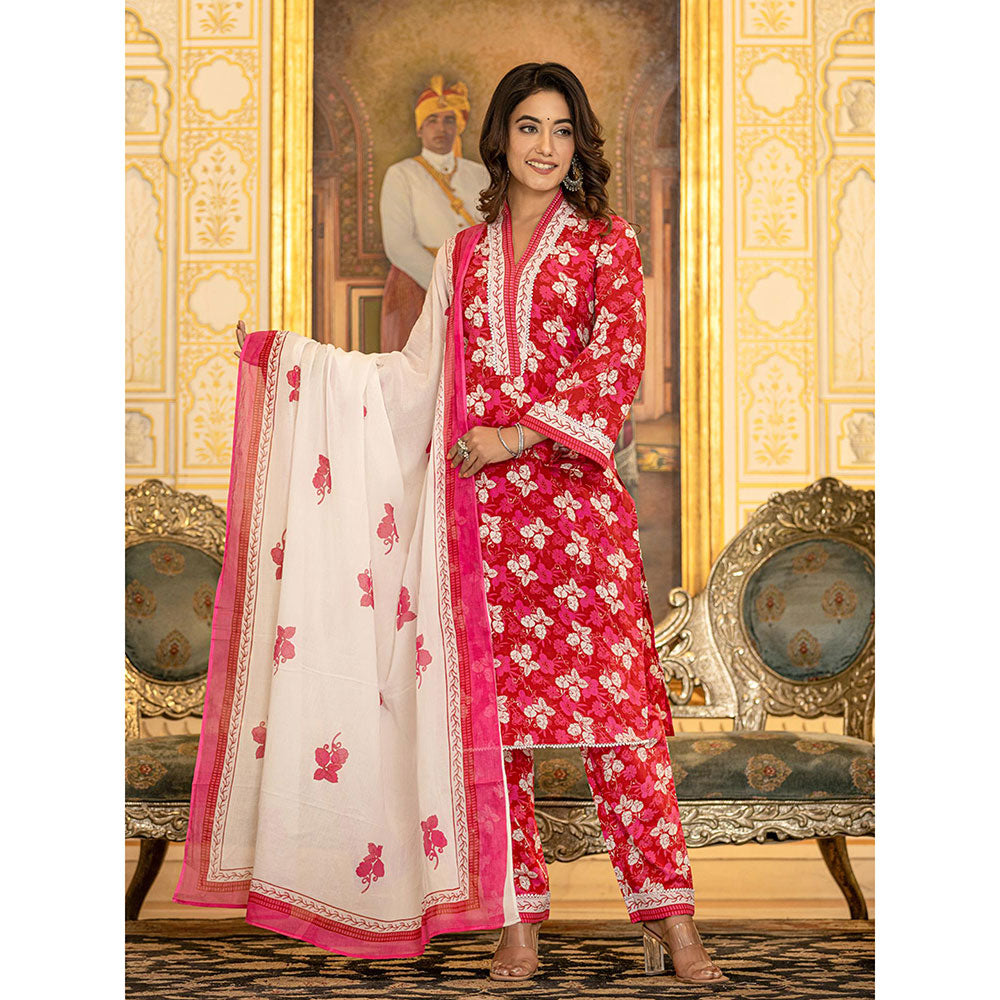 Yufta Pink Floral Print Straight Pakistani Style Kurta Trouser & Dupatta (Set of 3)