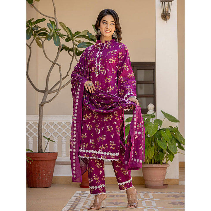 Yufta Purple Floral Print Straight Pakistani Style Kurta Trouser & Dupatta (Set of 3)