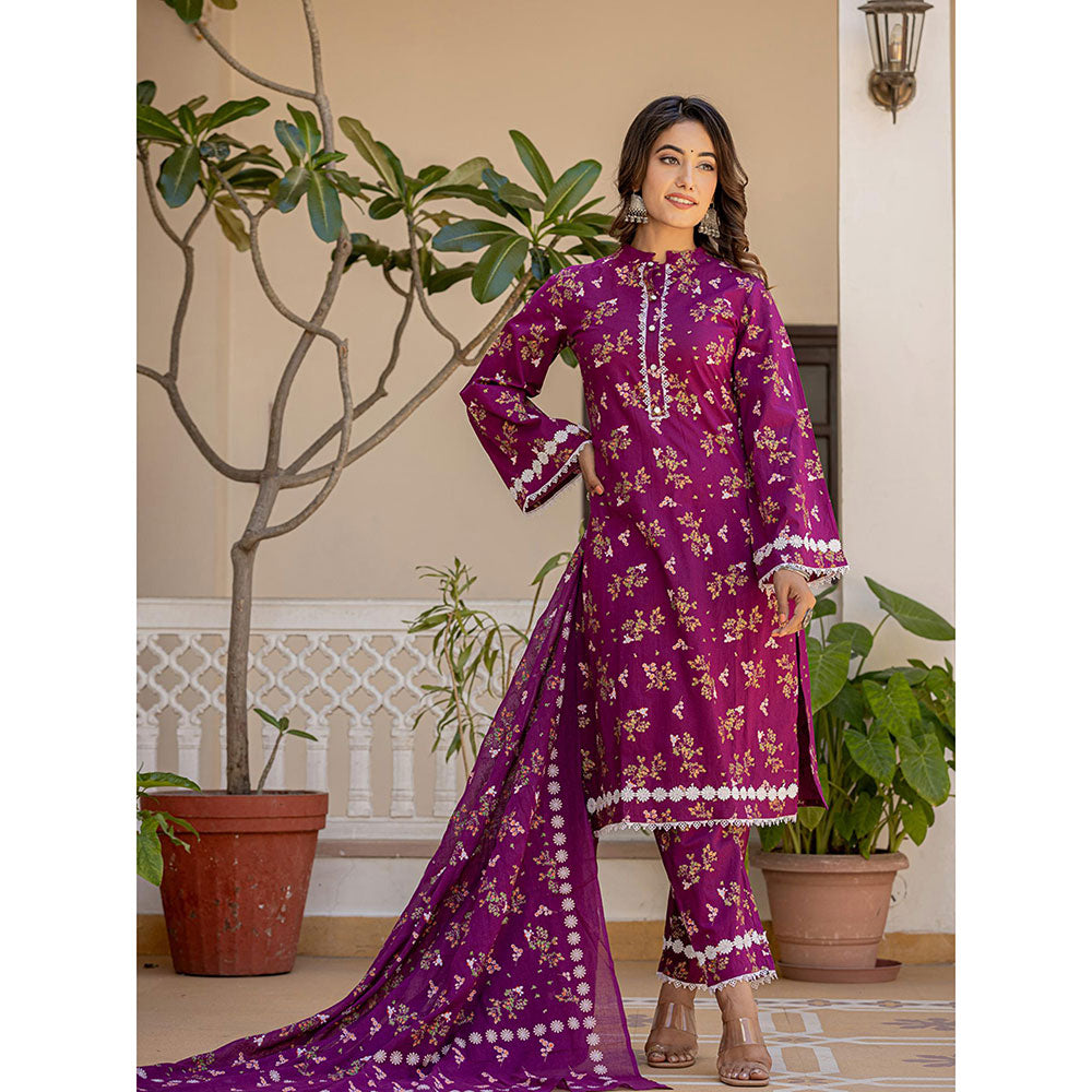 Yufta Purple Floral Print Straight Pakistani Style Kurta Trouser & Dupatta (Set of 3)