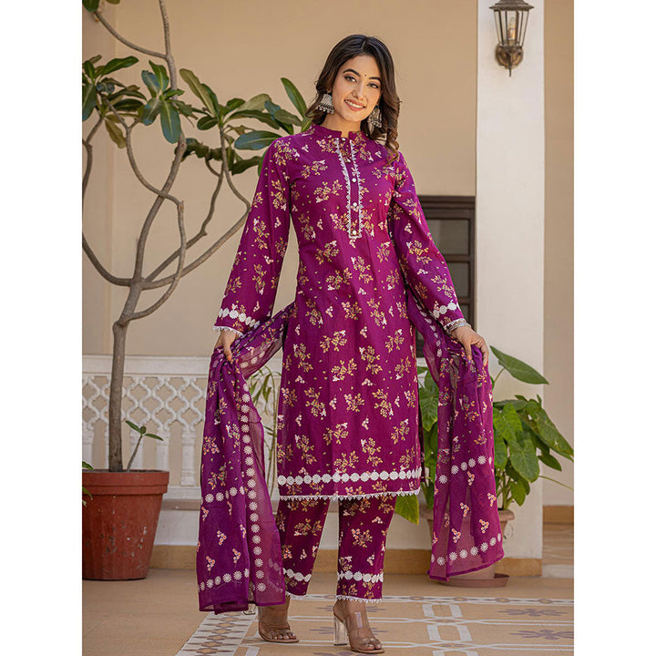 Yufta Purple Floral Print Straight Pakistani Style Kurta Trouser & Dupatta (Set of 3)