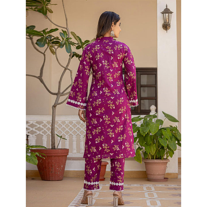 Yufta Purple Floral Print Straight Pakistani Style Kurta Trouser & Dupatta (Set of 3)