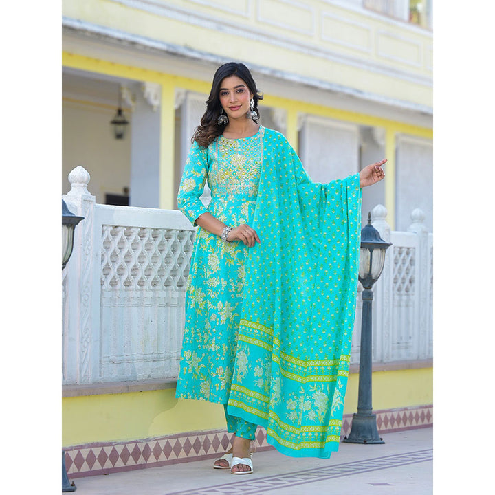 Yufta Turquoise Zari Work Anarkali Kurta with Pant and Dupatta (Set of 3)