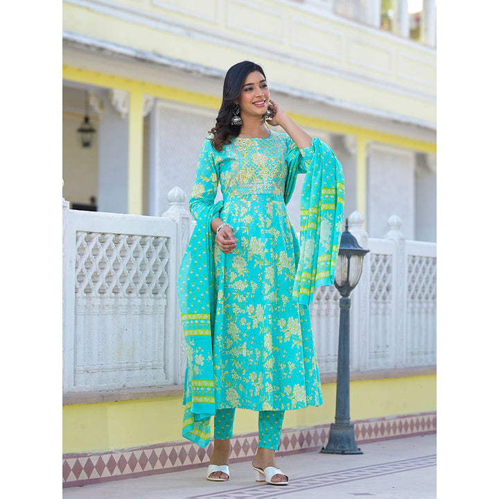 Yufta Turquoise Zari Work Anarkali Kurta with Pant and Dupatta (Set of 3)