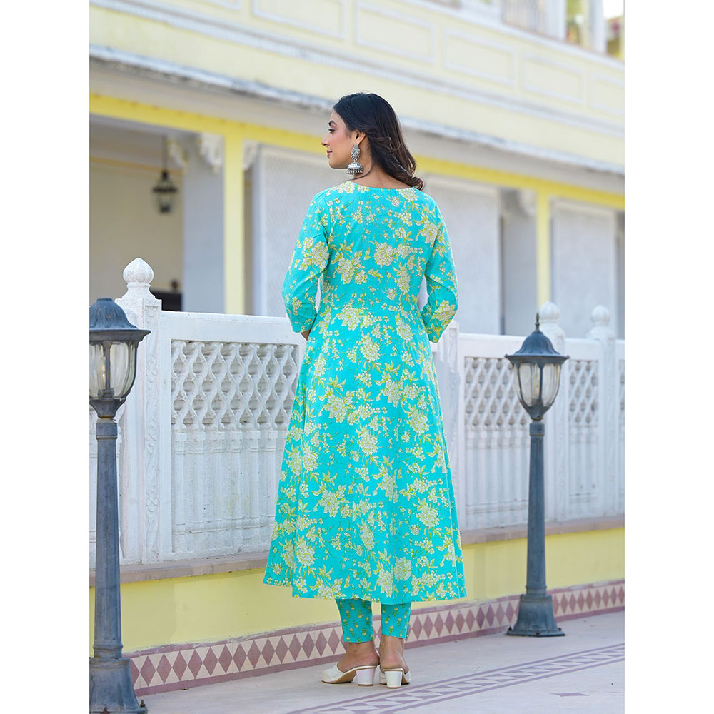 Yufta Turquoise Zari Work Anarkali Kurta with Pant and Dupatta (Set of 3)