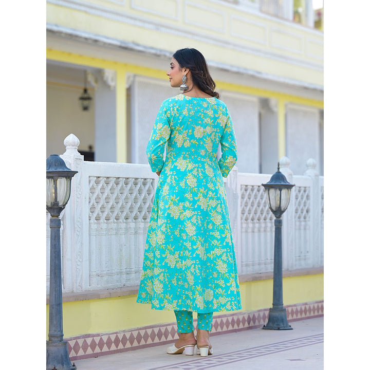 Yufta Turquoise Zari Work Anarkali Kurta with Pant and Dupatta (Set of 3)