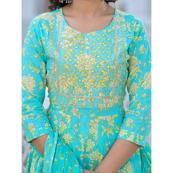 Yufta Turquoise Zari Work Anarkali Kurta with Pant and Dupatta (Set of 3)