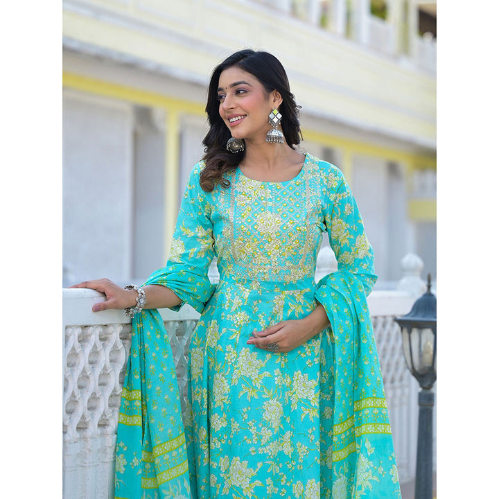 Yufta Turquoise Zari Work Anarkali Kurta with Pant and Dupatta (Set of 3)