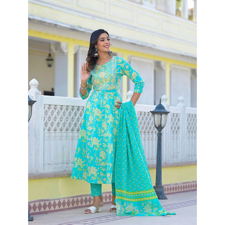 Yufta Turquoise Zari Work Anarkali Kurta with Pant and Dupatta (Set of 3)