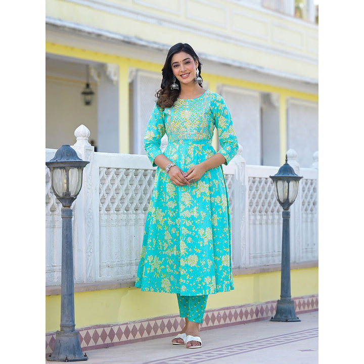 Yufta Turquoise Zari Work Anarkali Kurta with Pant and Dupatta (Set of 3)