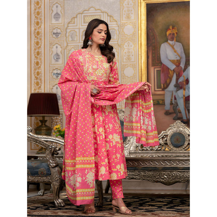 Yufta Pink Zari Work Anarkali Kurta with Pant and Dupatta (Set of 3)