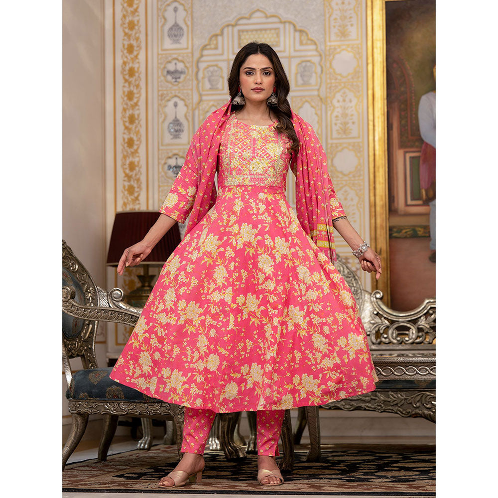 Yufta Pink Zari Work Anarkali Kurta with Pant and Dupatta (Set of 3)