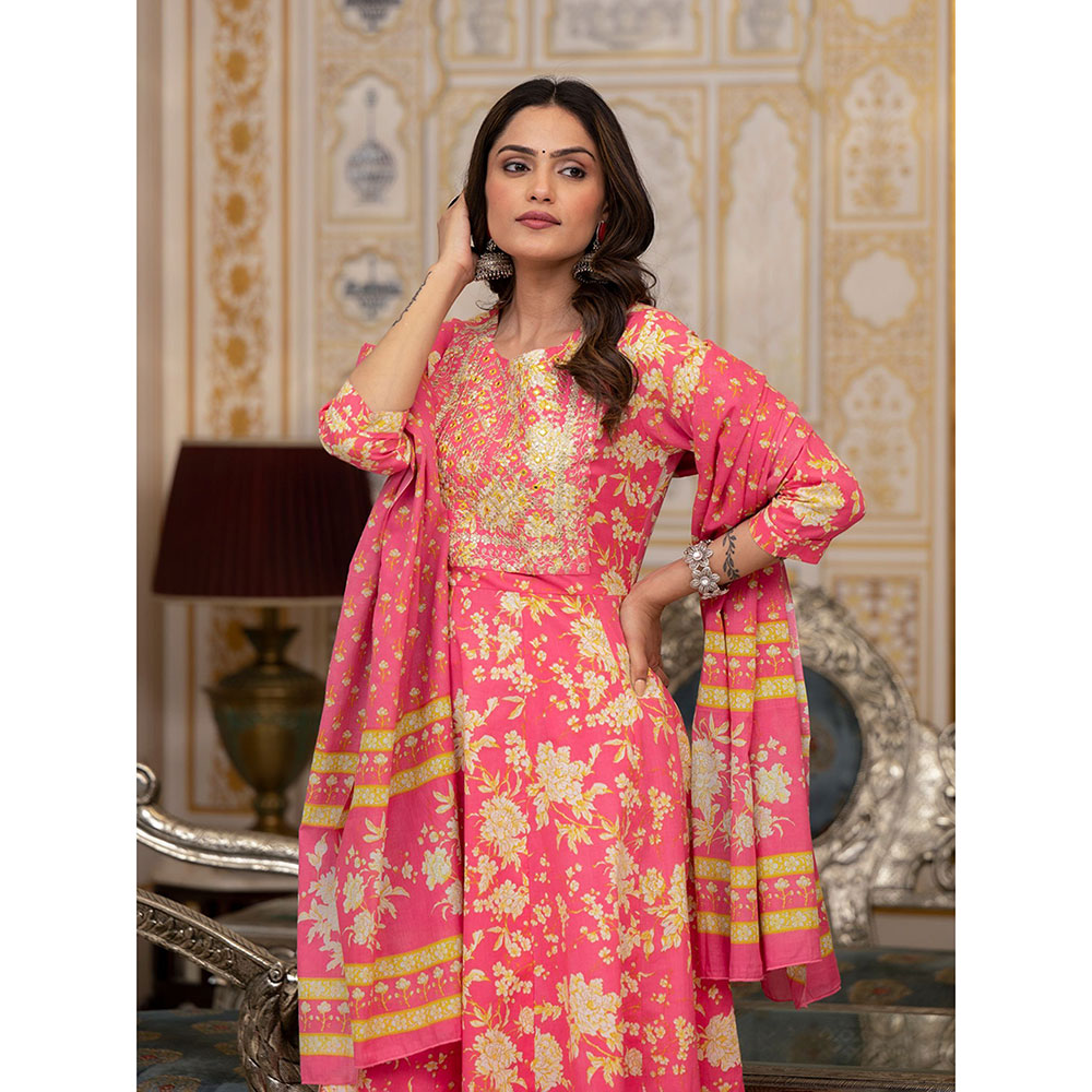 Yufta Pink Zari Work Anarkali Kurta with Pant and Dupatta (Set of 3)