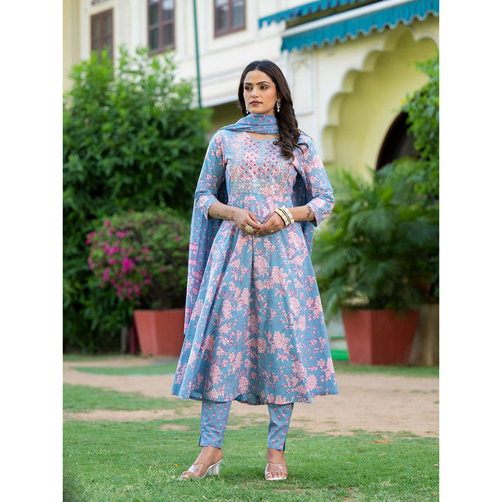 Yufta Powder Blue Zari Work Anarkali Kurta with Pant and Dupatta (Set of 3)