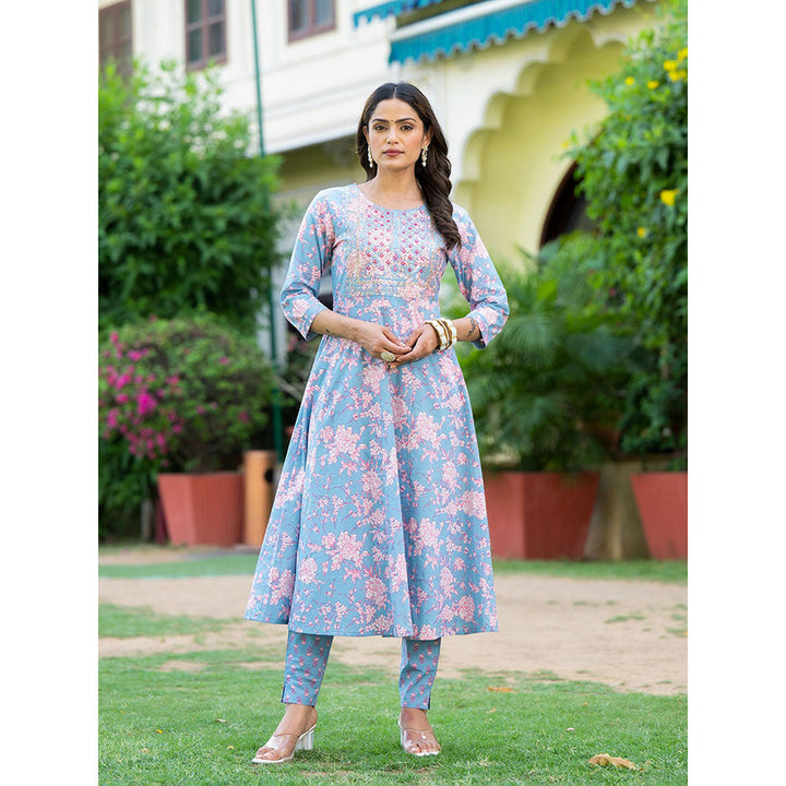 Yufta Powder Blue Zari Work Anarkali Kurta with Pant and Dupatta (Set of 3)