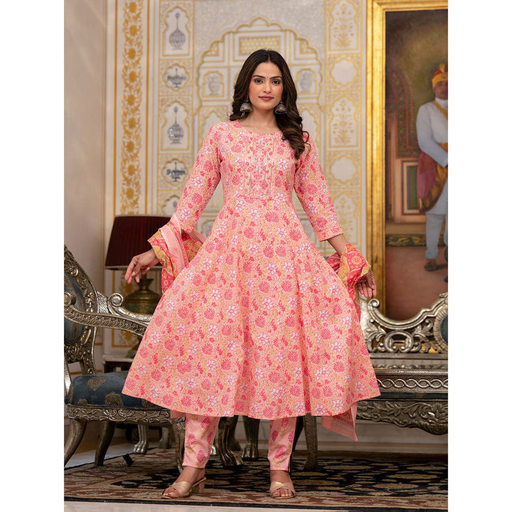 Yufta Peach Floral Print Anarkali Kurta with Pant and Dupatta (Set of 3)