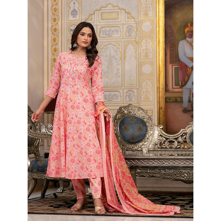 Yufta Peach Floral Print Anarkali Kurta with Pant and Dupatta (Set of 3)