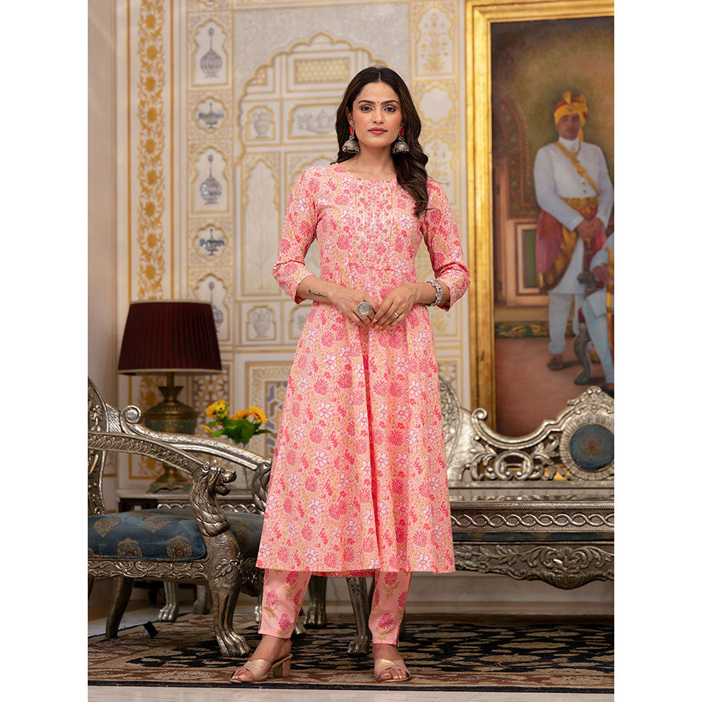 Yufta Peach Floral Print Anarkali Kurta with Pant and Dupatta (Set of 3)