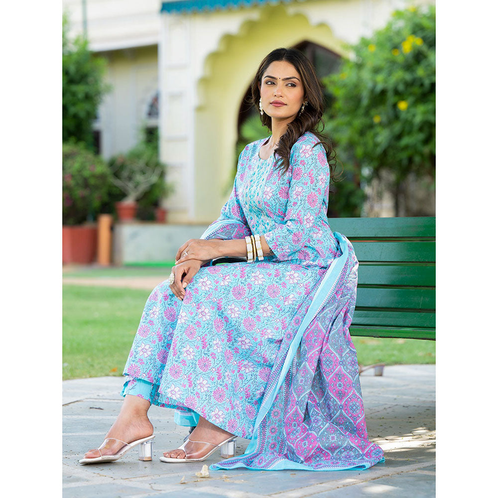 Yufta Blue Floral Print Anarkali Kurta with Pant and Dupatta (Set of 3)