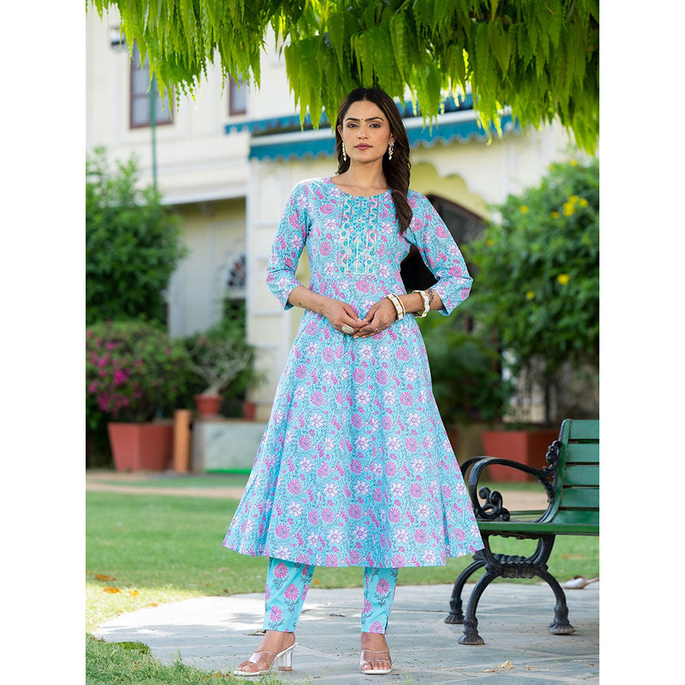 Yufta Blue Floral Print Anarkali Kurta with Pant and Dupatta (Set of 3)