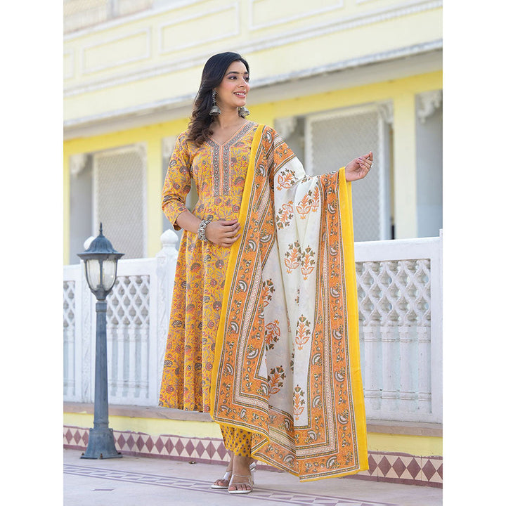 Yufta Mustard Floral Print Anarkali Kurta with Pant and Dupatta (Set of 3)