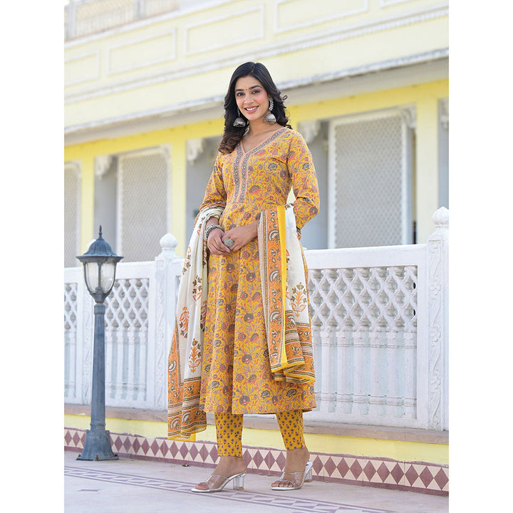 Yufta Mustard Floral Print Anarkali Kurta with Pant and Dupatta (Set of 3)