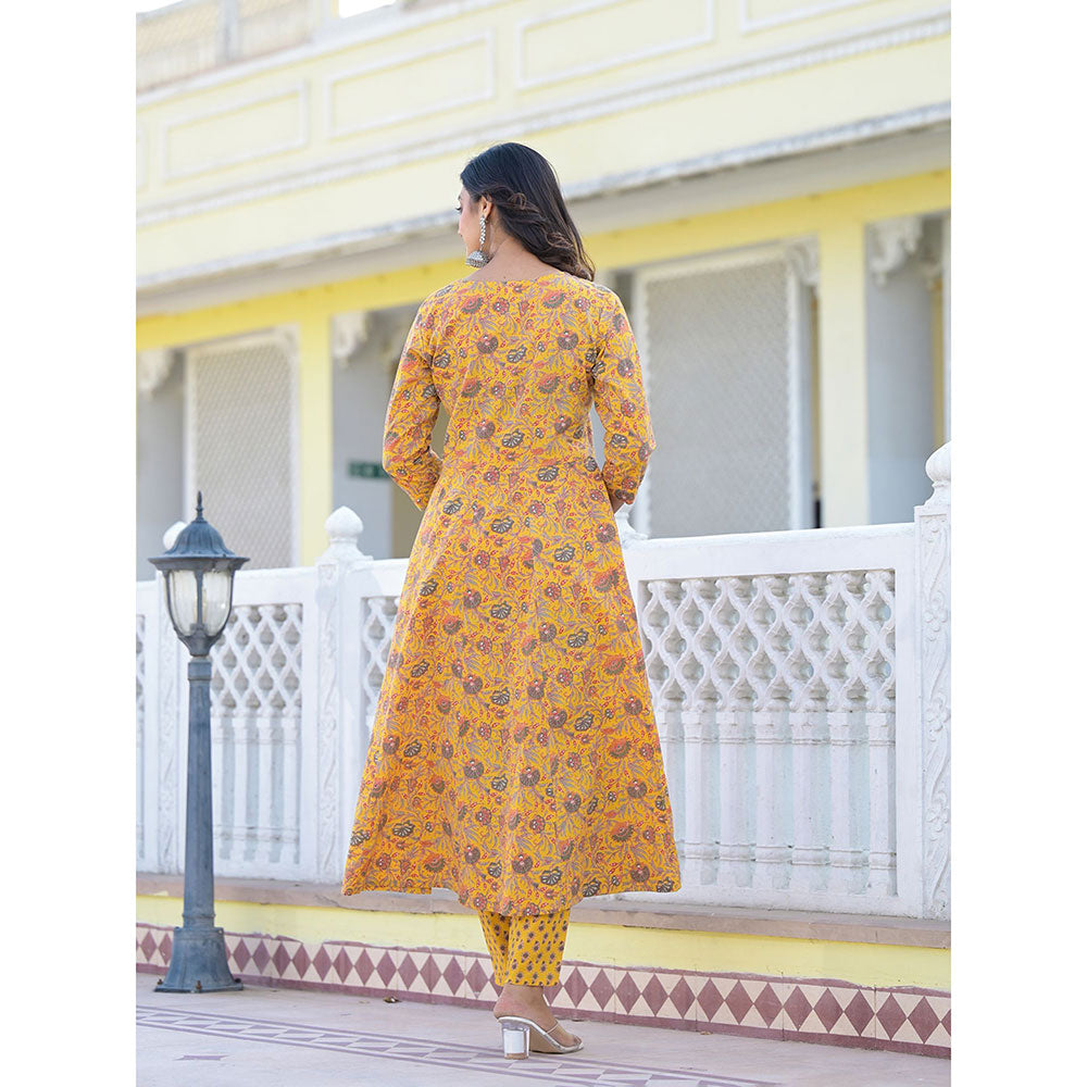 Yufta Mustard Floral Print Anarkali Kurta with Pant and Dupatta (Set of 3)