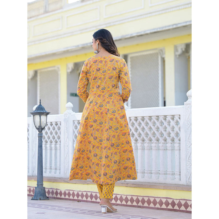 Yufta Mustard Floral Print Anarkali Kurta with Pant and Dupatta (Set of 3)