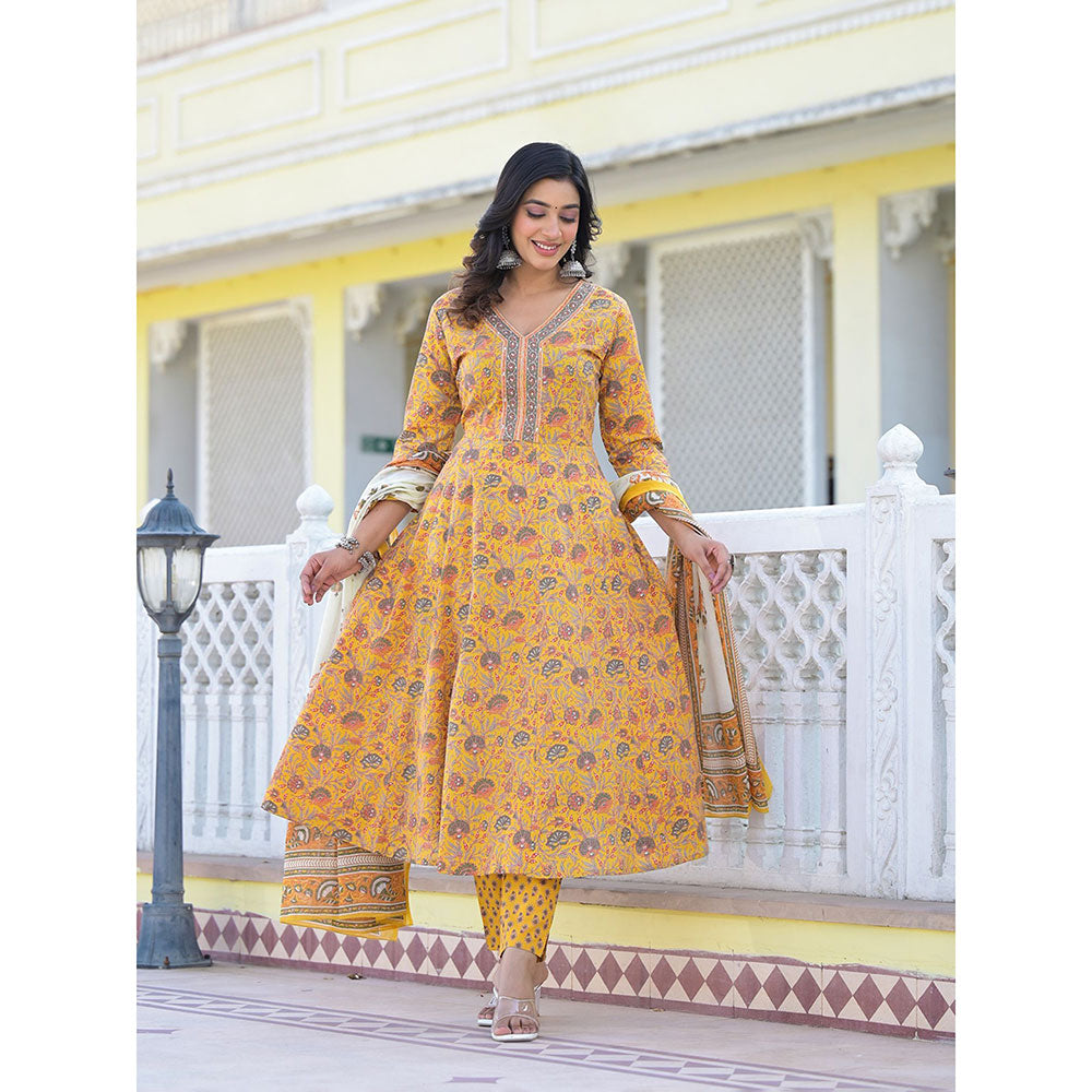 Yufta Mustard Floral Print Anarkali Kurta with Pant and Dupatta (Set of 3)