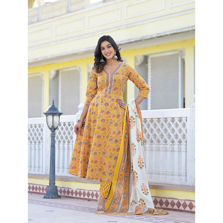 Yufta Mustard Floral Print Anarkali Kurta with Pant and Dupatta (Set of 3)