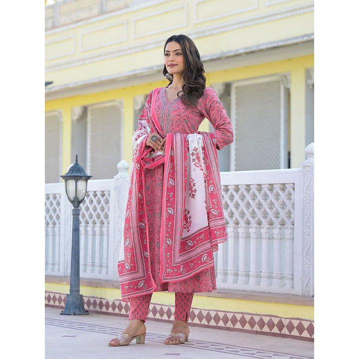 Yufta Pink Floral Print Anarkali Kurta with Pant and Dupatta (Set of 3)