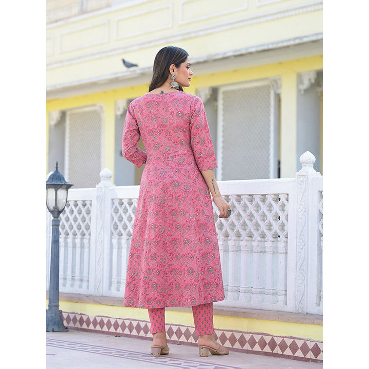 Yufta Pink Floral Print Anarkali Kurta with Pant and Dupatta (Set of 3)