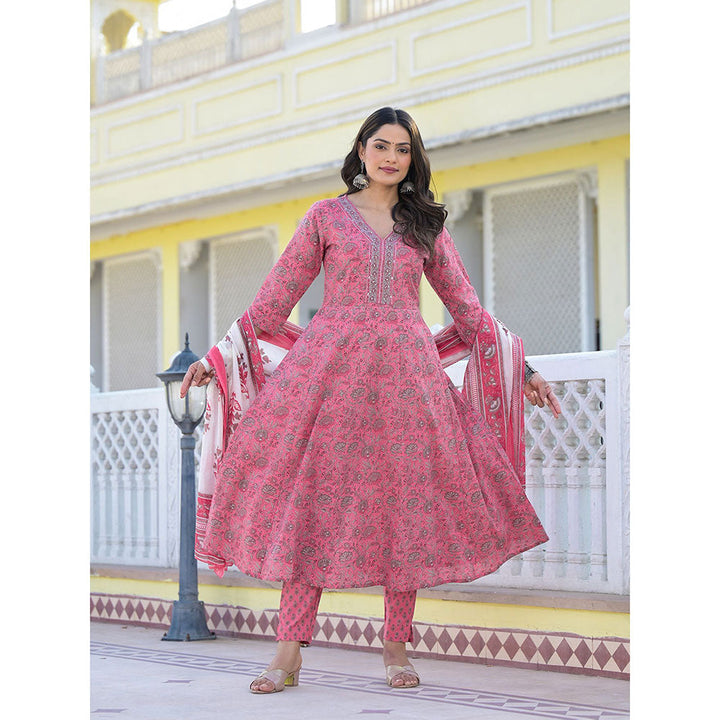 Yufta Pink Floral Print Anarkali Kurta with Pant and Dupatta (Set of 3)