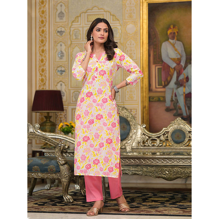 Yufta Pink Floral Print Button Show On Yoke Kurta with Pant and Dupatta (Set of 3)