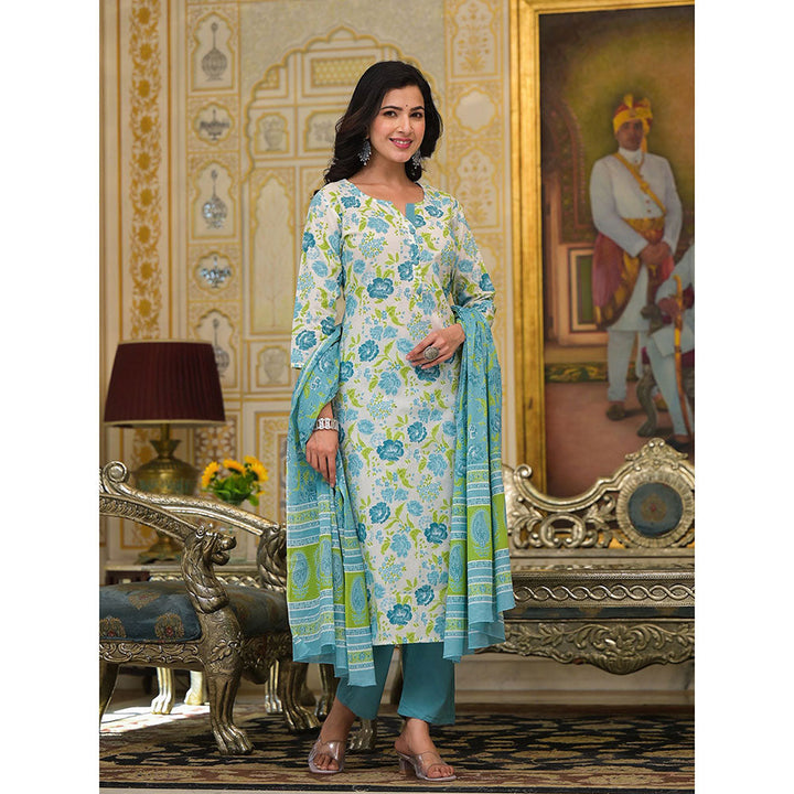 Yufta Teal Floral Print Button Show On Yoke Kurta with Pant and Dupatta (Set of 3)